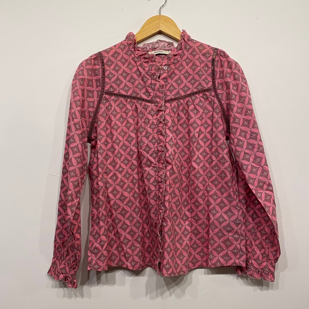 Sissy-Boy Womens Pink Geometric Floral Ruffle Lace Long Sleeve‎ Blouse Size S